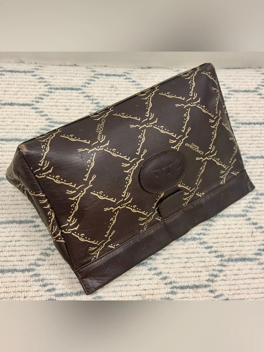 LONGCHAMP Vintage 80’s Unisex Brown Leather Monogram Pouch Clutch Made N France